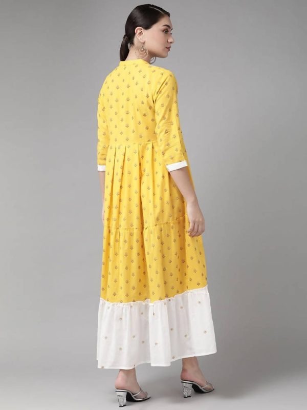 Yufta Women Yellow & White Cotton Embellished Ethnic Motifs Print Tiered Maxi Dress Supply