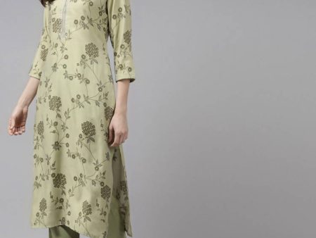 Yufta Women Olive Green Floral Printed Sequined Pure Silk Kurta with Palazzo and Dupatta For Cheap