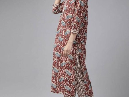 Yufta Women Maroon Pure Cotton Ethnic Motifs Printed Kurta with Palazzo & Dupatta Supply