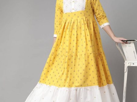 Yufta Women Yellow & White Cotton Embellished Ethnic Motifs Print Tiered Maxi Dress Supply