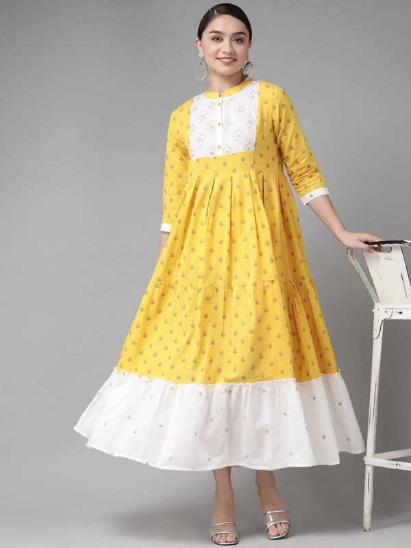 Yufta Women Yellow & White Cotton Embellished Ethnic Motifs Print Tiered Maxi Dress Supply