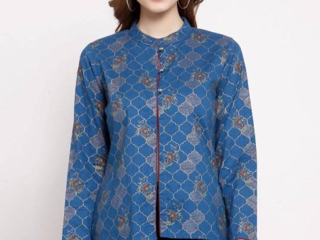 Myshka Women s Blue Cotton Full Sleeve Mandarin Collar Printed Casual Jacket Hot on Sale