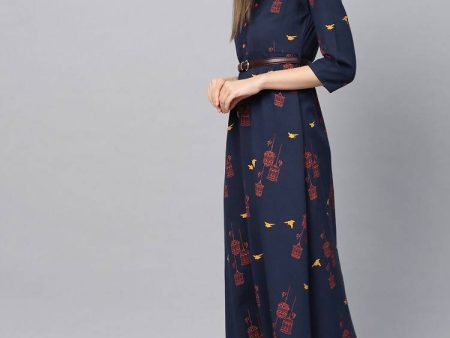 Yufta Women Navy Blue & Orange Quirky Printed Maxi Dress Online now