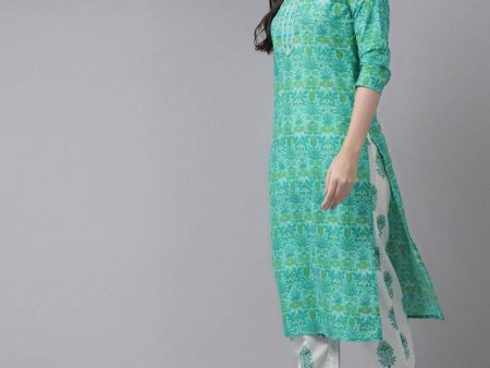 Yufta Green & White Ethnic Motifs Printed Mirror Work Kurta with Palazzo & Dupatta Online Hot Sale