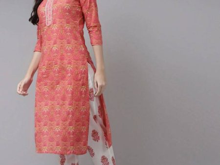 Yufta Women Pink & White Ethnic Motifs Printed Mirror Work Kurta with Palazzo & Dupatta on Sale