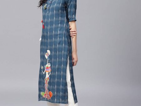 Yufta Women Navy Blue & Off-White Printed Straight Kurta Supply