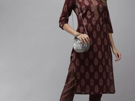 Yufta Women Maroon Ethnic Motifs Regular Sequinned Pure Cotton Kurta with Trouser Supply