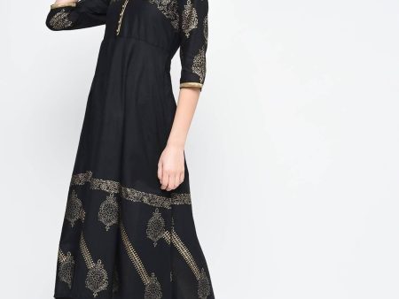 Cheera Hand Block Print Black Anarkali Party Wear Kurta Fashion