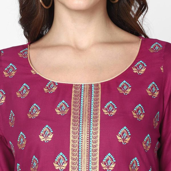 Cheera Hand Block Print Purple & Skin Color Straight Kurta With Palazzo (MAAI-075K) For Sale