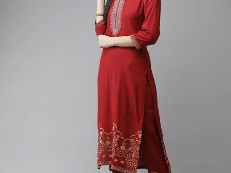 Yufta Women Maroon Ethnic Motifs Yoke Design Regular Thread Work Kurta with Palazzo & With Dupatta Supply