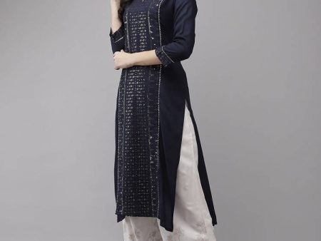 Yufta Women Navy Blue Regular Sequinned Kurta with Palazzo Supply