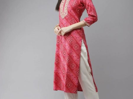 Yufta Women Pink Bandhani Printed Panelled Gotta Patti Kurta with Palazzo & With Dupatta on Sale