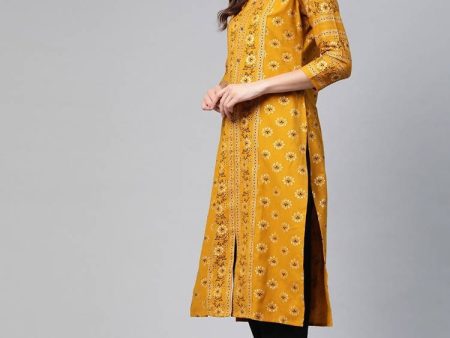 Yufta Women Mustard Yellow & Black Ethnic Motifs Printed Pure Cotton Kurta with Trouser Online now