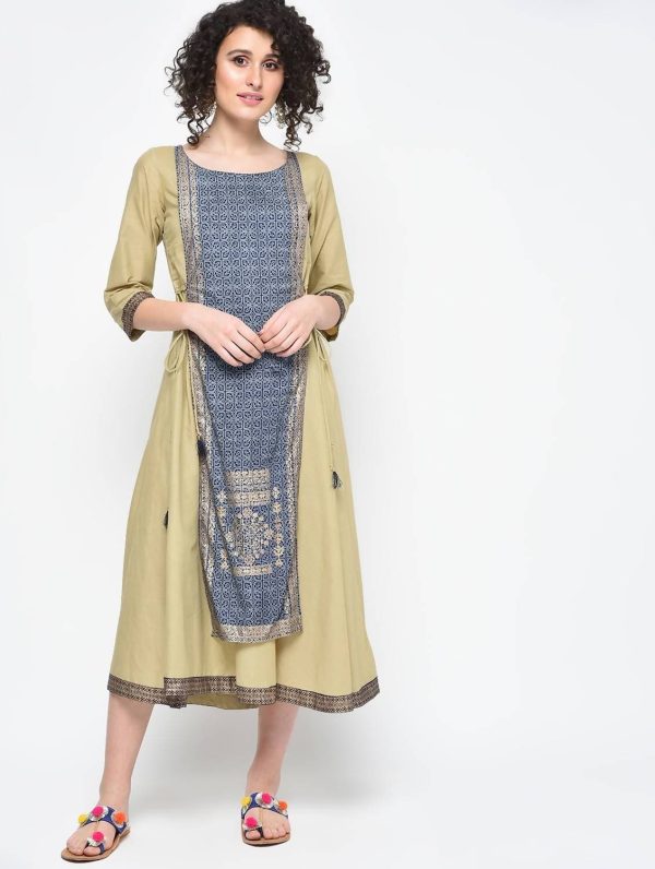 Cheera Hand Block Print Khaki Color Straight Kurta on Sale