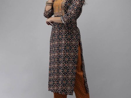 Yufta Women Navy Blue Ethnic Motifs Regular Thread Work Pure Cotton Kurta with Trouser With Dupatta Online Sale