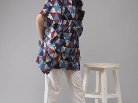 Yufta Blue & Red Geometric Printed Flared Sleeves Kaftan Kurti Online Hot Sale