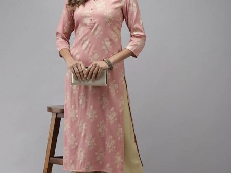 Yufta Women Pink Floral Printed Pastels Cotton Kurta Cheap