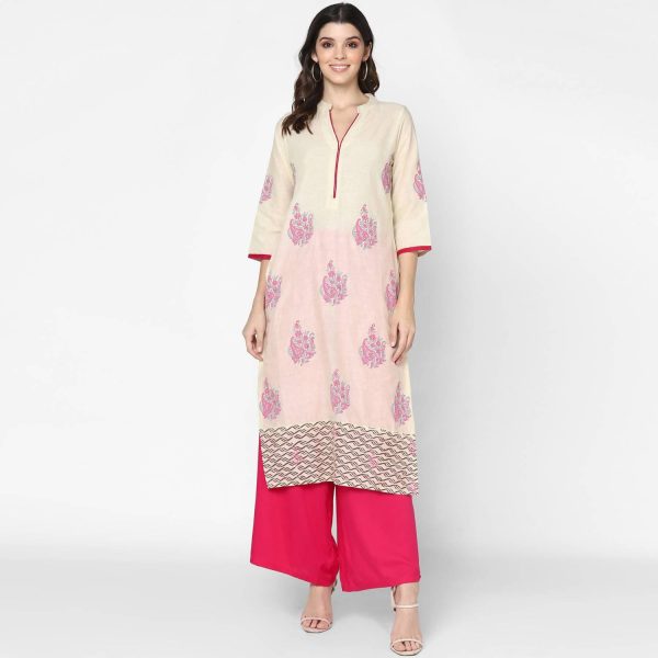 Cheera Hand Block Print Cream & Magenta Straight Kurta With Palazzo (MAAI-087K) Online