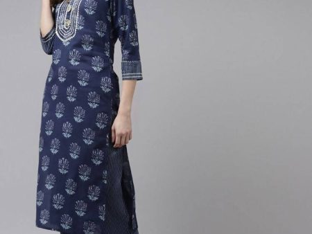 Yufta Women Navy Blue Gotta Patti Pure Cotton Kurta with Palazzo and Dupatta Online now