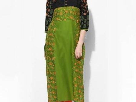 Cheera Hand Block Print Olive Green And Black Anarkali Kurta (MAAI-069K) Sale