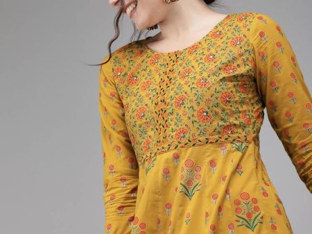 Yufta Women Mustard Yellow & Green Printed A-Line Panelled Kurta Fashion