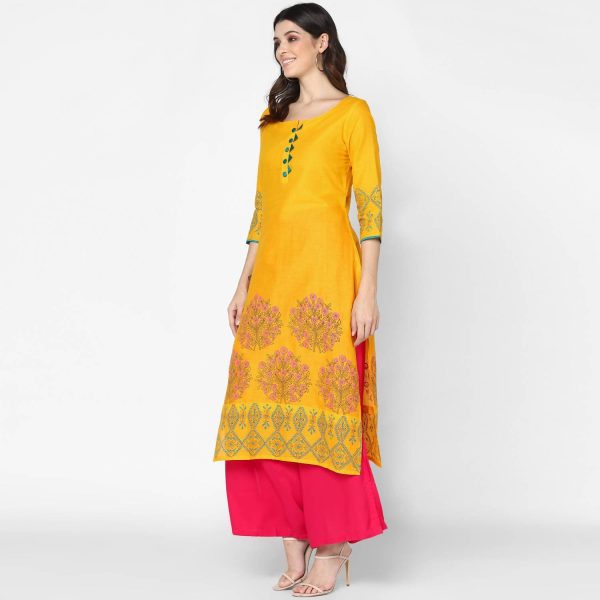 Cheera Hand Block Print Mustard & Magenta Straight Kurta With Palazzo (MAAI-078K) Cheap