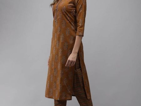 Yufta Women Mustard Brown Sequinned Pure Cotton Kurta with Trouser Online now