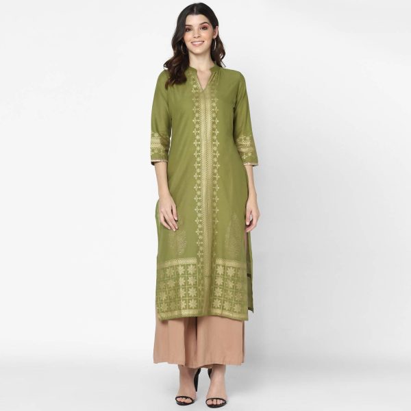 Cheera Hand Block Print Military Color & Skin Color Straight Kurta With Palazzo (MAAI-076K) For Cheap