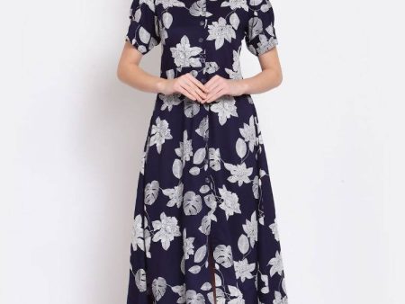 Myshka Women s Navy Blue Printed Cotton Short Sleeve Collar Neck Casual Dress Online Sale