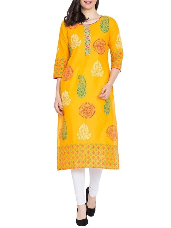 Cheera Hand Block Print Latest Mustard Straight Kurta Online now