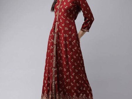 Yufta Women Maroon & Gold Floral Printed Kurta Supply