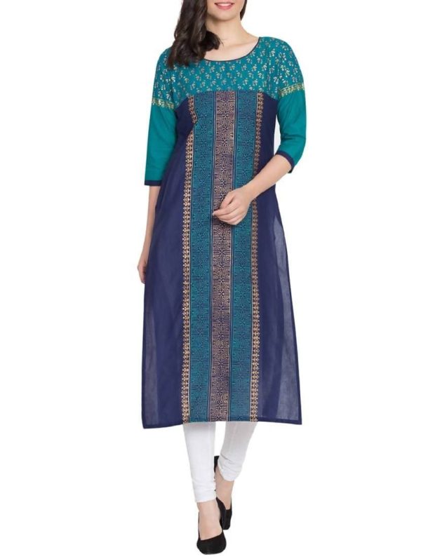 Cheera Hand Block Print Straight Kurta in Blue Color Hot on Sale