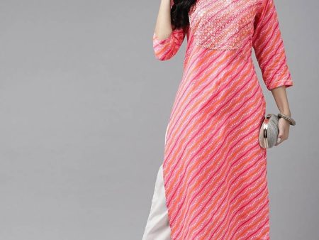 Yufta Women Pink Bandhani Yoke Design Regular Sequined Pure Cotton Kurta with Palazzo Discount