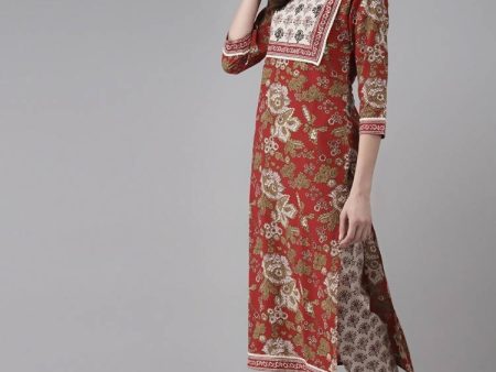 Yufta Women Maroon Floral Printed Regular Thread Work Pure Cotton Kurta with Palazzo & With Dupatta Cheap