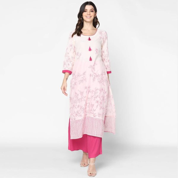 Cheera Hand Block Print Cream & Magenta Straight Kurta With Palazzo (MAAI-080K) Online