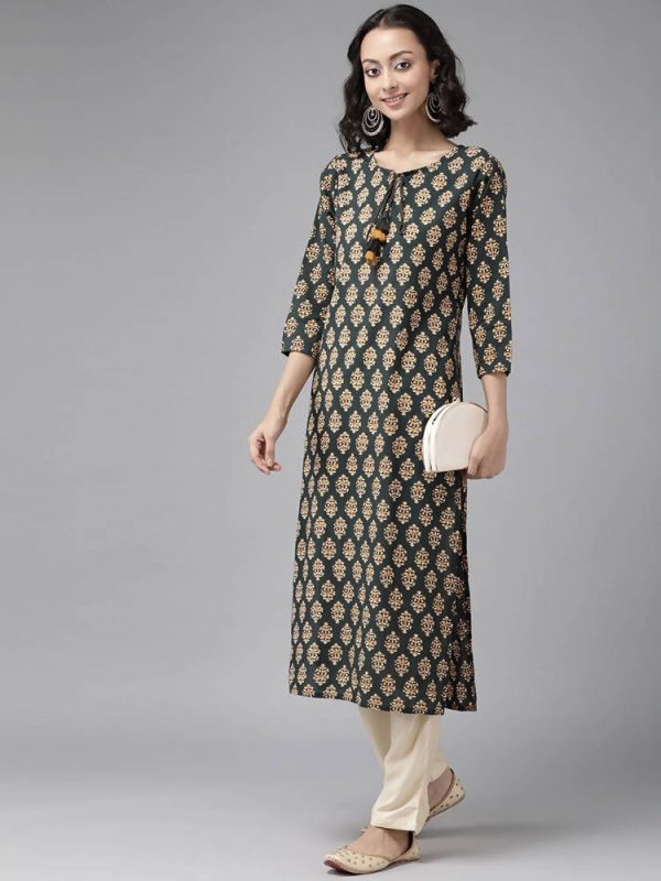 Yufta Women Teal Green & Mustard Yellow Ethnic Printed Pure Cotton Kurta with Palazzo Online Sale