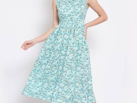 Myshka Women s Green Printed Rayon Sleeveless Collar Neck Casual Dress Online Hot Sale