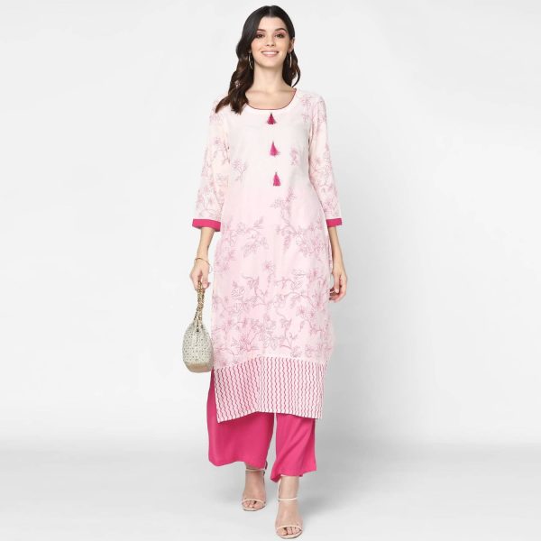 Cheera Hand Block Print Cream & Magenta Straight Kurta With Palazzo (MAAI-080K) Online