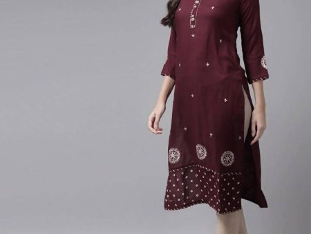 Yufta Women Maroon Ethnic Motifs Embroidered Kurta Supply