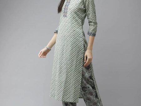 Yufta Green and off-white yoke design Kurta with Palazzo with Dupatta Set For Discount