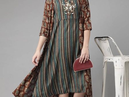 Yufta Teal Green & Coffee Brown Striped Yoke Embroidered Midi A-Line Dress & Ethnic Jacket Online Sale