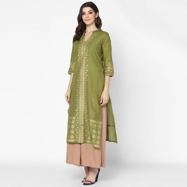 Cheera Hand Block Print Military Color & Skin Color Straight Kurta With Palazzo (MAAI-076K) For Cheap