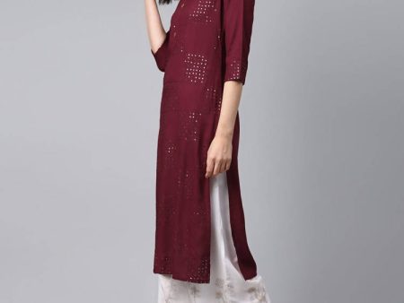 Yufta Women Maroon Self Design Kurta with Palazzo For Discount