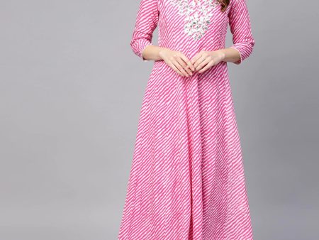 Yufta Women Pink & White Lehariya Print Anarkali Kurta Fashion