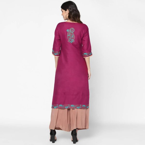 Cheera Hand Block Print Purple & Skin Color Straight Kurta With Palazzo (MAAI-075K) For Sale