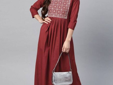 Yufta Women Rust Red & White Embroidered Mirror Work Yoke Design Cotton A-Line Dress For Discount