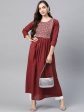 Yufta Women Rust Red & White Embroidered Mirror Work Yoke Design Cotton A-Line Dress For Discount