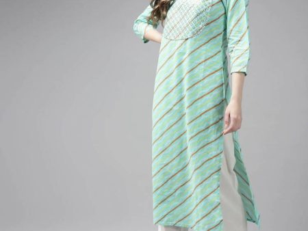 Yufta Women Sea Green Bandhani Striped Regular Sequined Pure Cotton Kurta with Palazzo Fashion