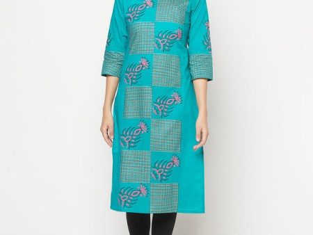 Aniyah Cotton Block Print Turquoise Straight Kurta on Sale