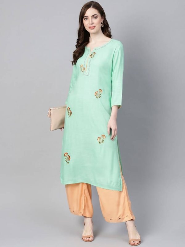 Yufta Women Sea Green & Peach Embroidered Kurta with Palazzo Discount